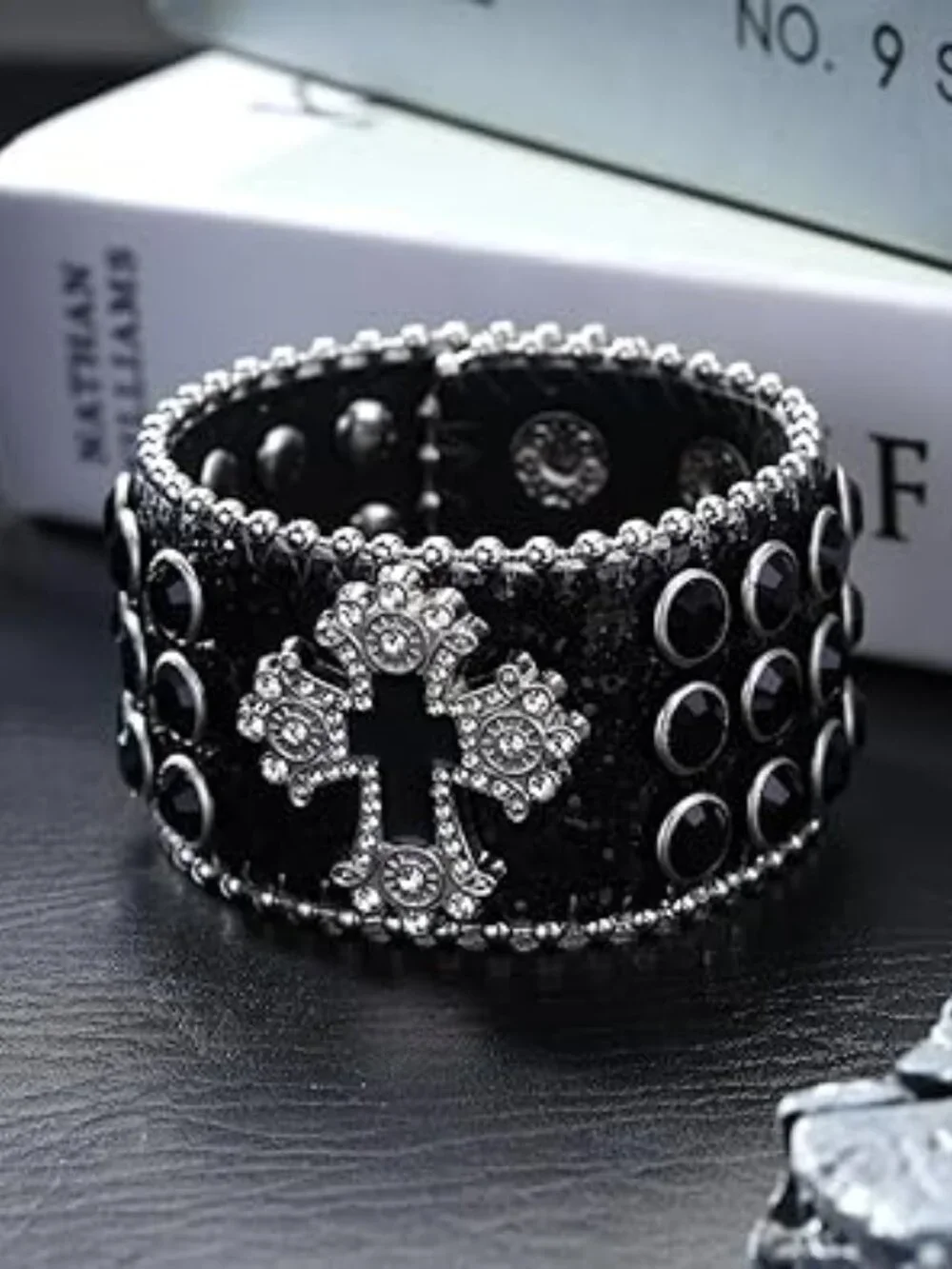 Wide Black Leather Bracelet Silver Cross Blk Gems and Silver Rivets Adjustable